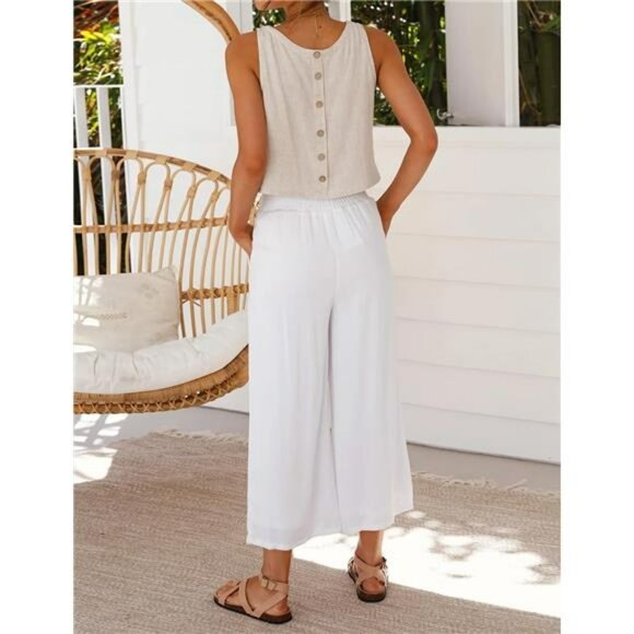 Womens Linen Crop Top Sleeveless High Neck Summer Tank Lightweight Casual - Picture 4 of 6